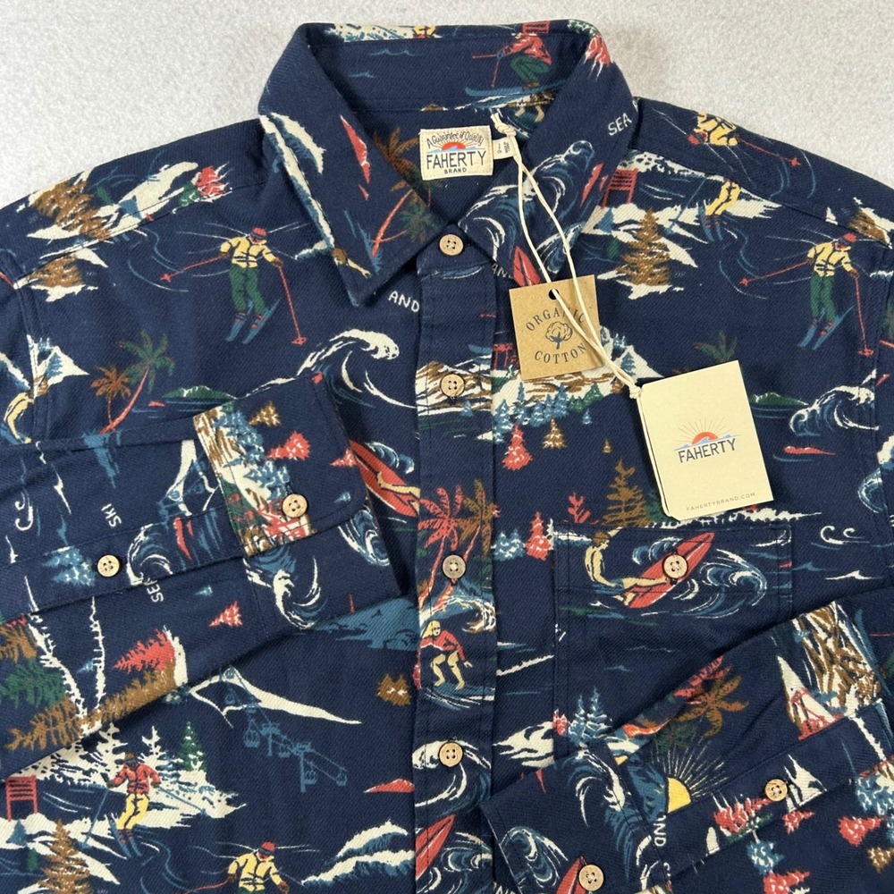 Faherty Super Brushed Flannel Mens S Blue Sea and‎ Ski Print Button Down NEW NWT
